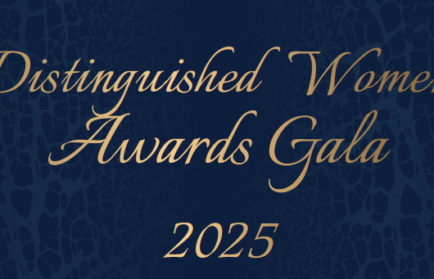 A blue and gold event banner reads “Distinguished Women Awards Gala 2025,” honoring 2025 award recipients, with a subtle patterned background.